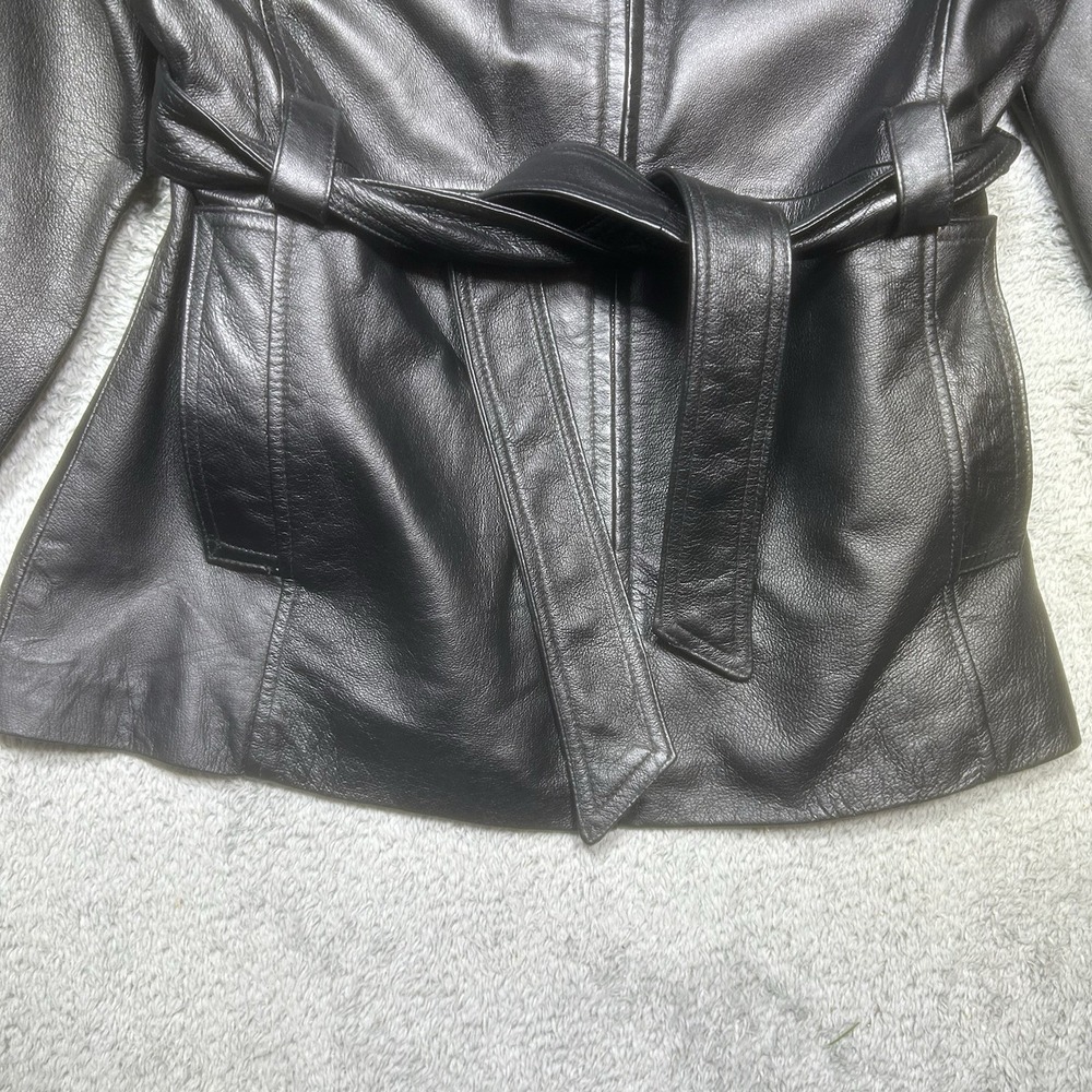 Vintage Passports Jacket Womens L Black Leather Biker Motorcycle Belted Mid Leng - Picture 6 of 11